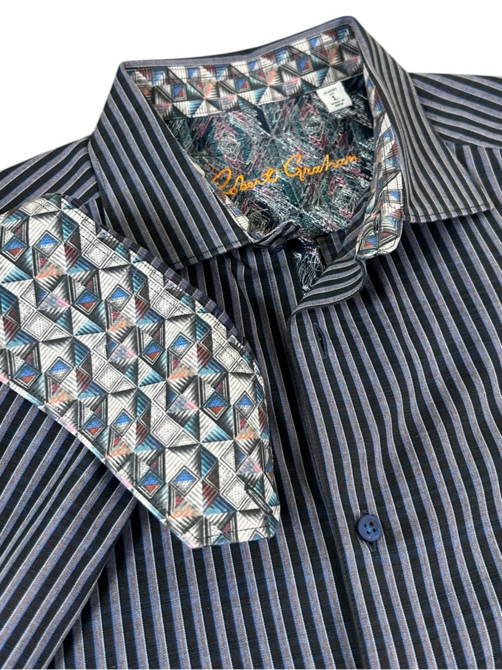 ROBERT GRAHAM Striped Button Down Geometric Flip Cuff Black Blue Gray Classic L - Picture 1 of 15